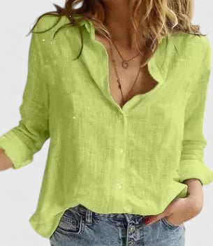 Women's Button Blouse with V Neckline and Roll-Up Sleeves