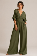 Women's Wide Leg Jumpsuit – Three-Quarter Sleeve Jumpsuit