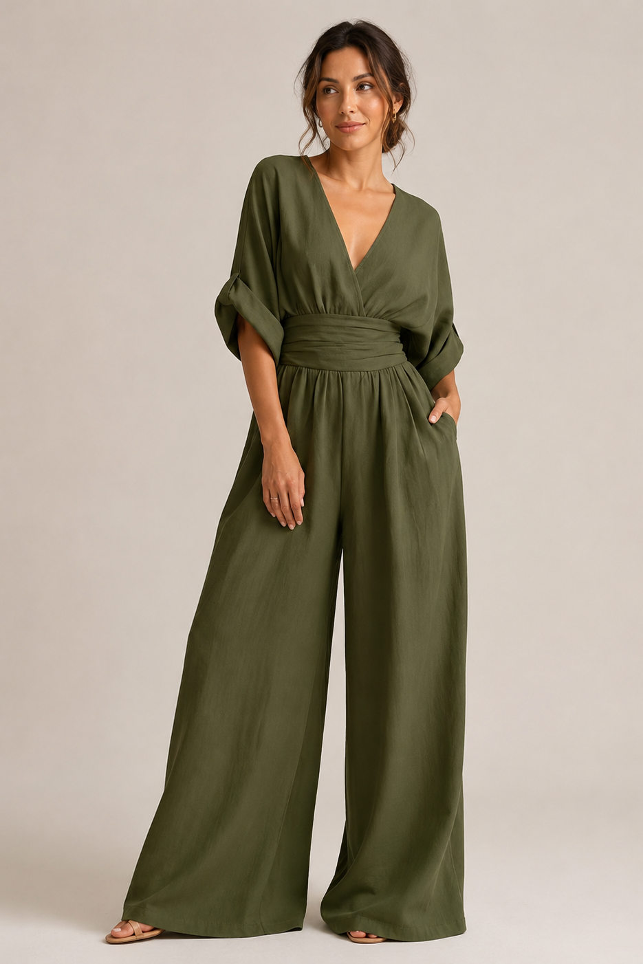 Women's Wide Leg Jumpsuit – Three-Quarter Sleeve Jumpsuit