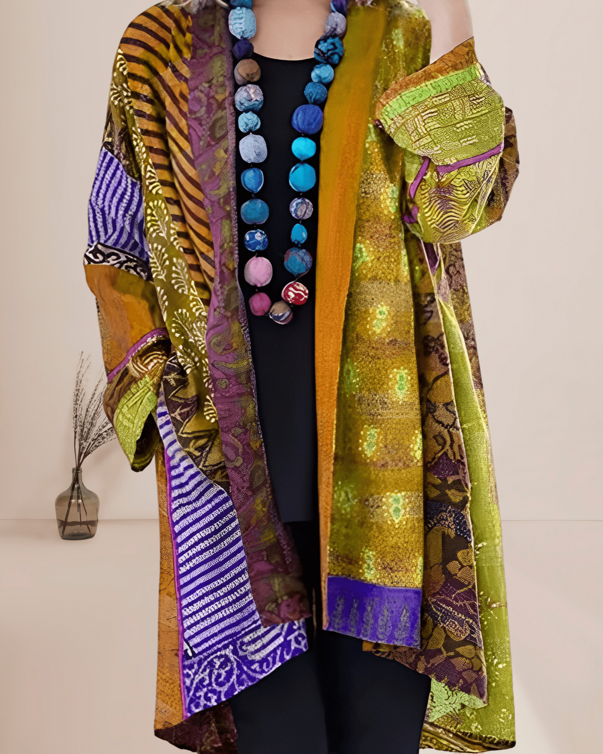 Women's Printed Patchwork Long Vest – Boho Open Front Layering Vest