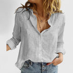 Women's Button Blouse with V Neckline and Roll-Up Sleeves