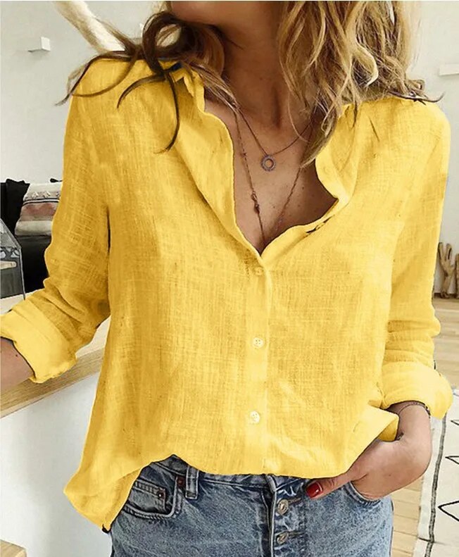Women's Relaxed V-Neck Blouse – Loose Fit Long Sleeve Blouse