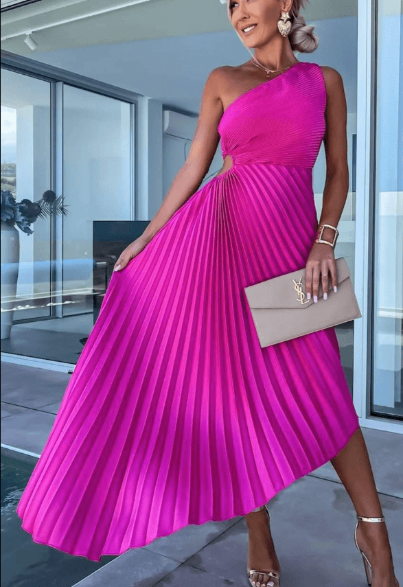 Women's Pleated Maxi Dress – One-Shoulder Occasion Dress – Charlotte