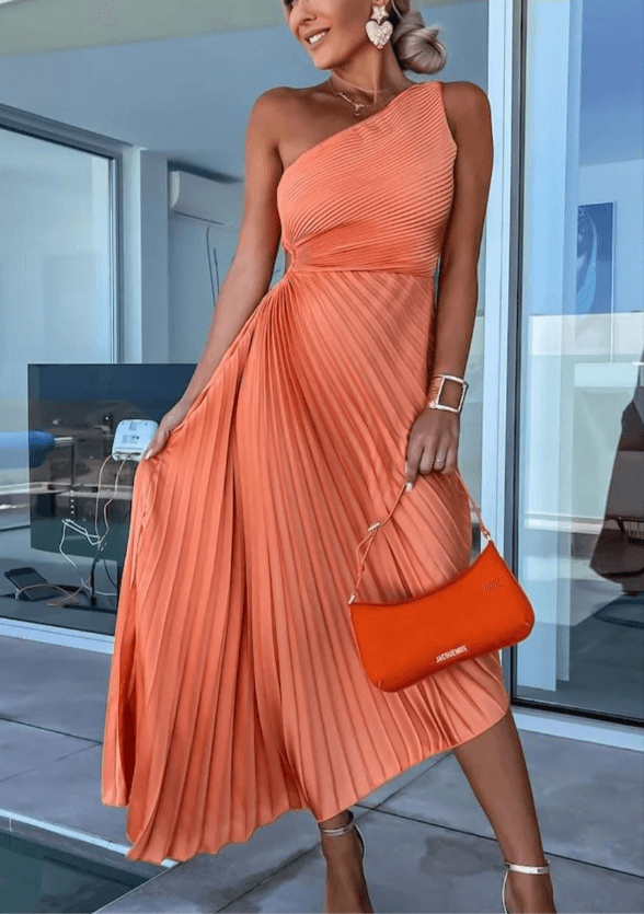 Women's Pleated Maxi Dress – One-Shoulder Occasion Dress – Charlotte