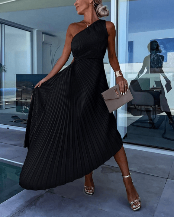 Women's Pleated Maxi Dress – One-Shoulder Occasion Dress – Charlotte