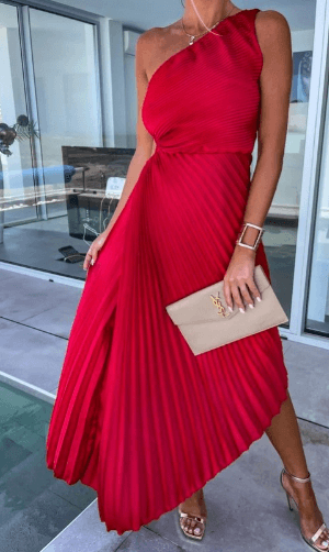 Women's Pleated Maxi Dress – One-Shoulder Occasion Dress – Charlotte