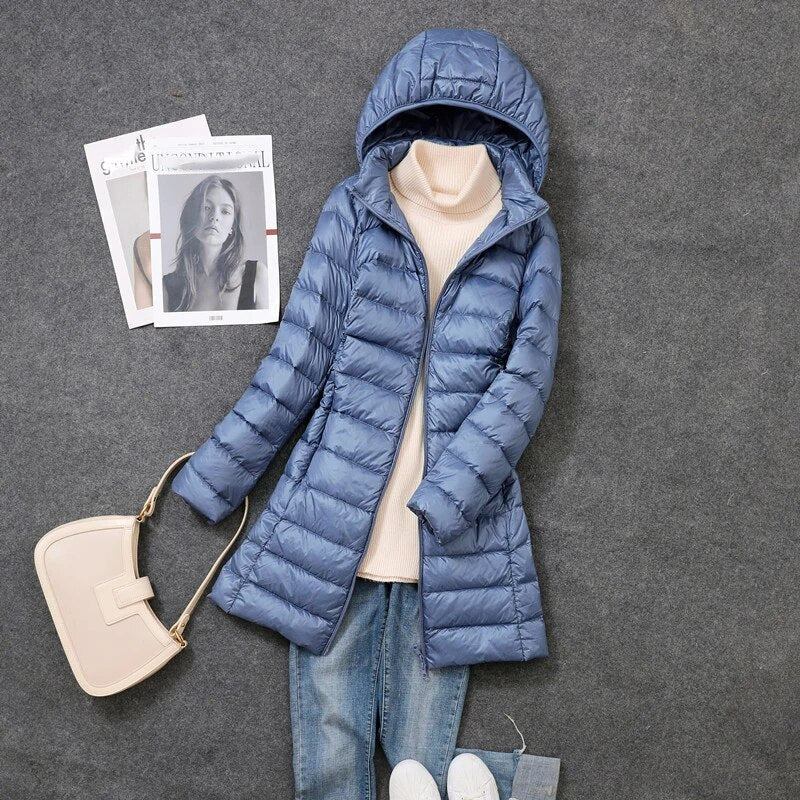 Women's Longline Puffer Coat – Lightweight Removable Hood Jacket