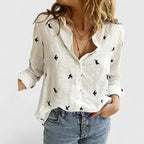 Women's Button Blouse with V Neckline and Roll-Up Sleeves