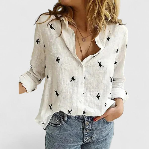Women's Button Blouse with V Neckline and Roll-Up Sleeves