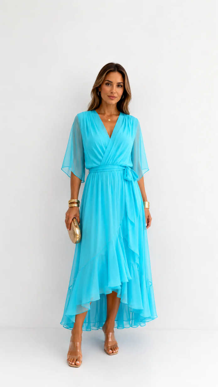 Women's V-Neck Wrap Dress – Tie Waist Flowy Occasion Dress