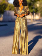 Women's Shimmer Wide Leg Jumpsuit – V-Neck Three-Quarter Sleeve Jumpsuit
