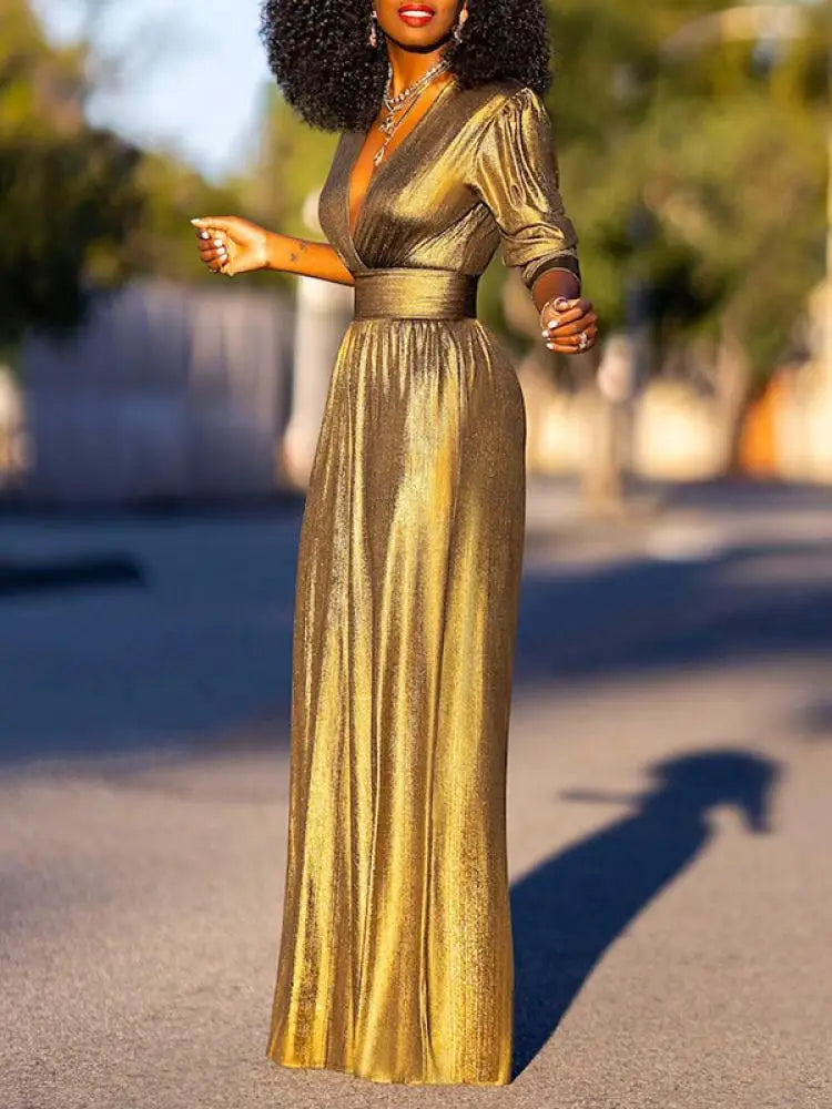 Women's Shimmer Wide Leg Jumpsuit – V-Neck Three-Quarter Sleeve Jumpsuit