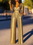 Women's Shimmer Wide Leg Jumpsuit – V-Neck Three-Quarter Sleeve Jumpsuit