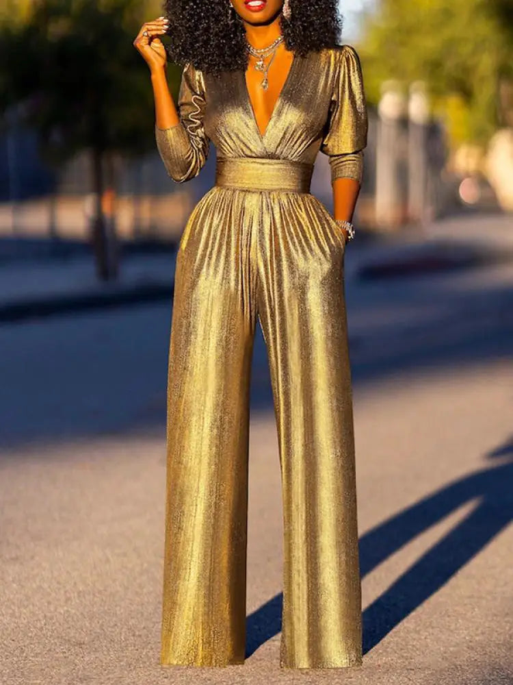 Women's Shimmer Wide Leg Jumpsuit – V-Neck Three-Quarter Sleeve Jumpsuit
