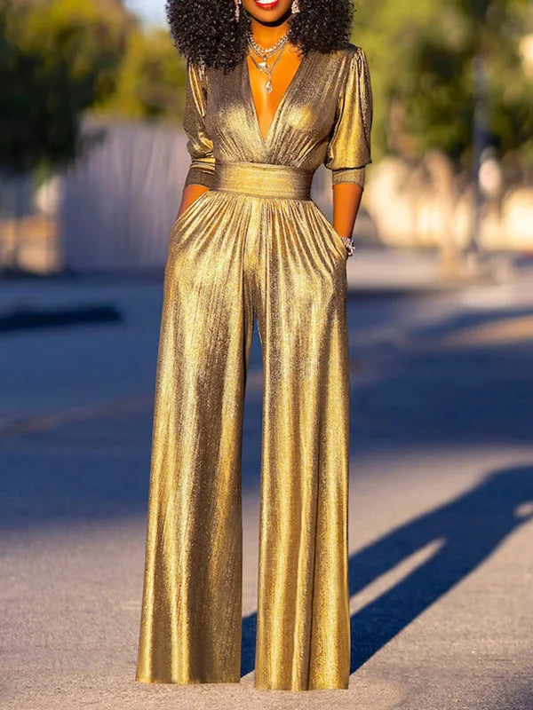 Women's Shimmer Wide Leg Jumpsuit – V-Neck Three-Quarter Sleeve Jumpsuit