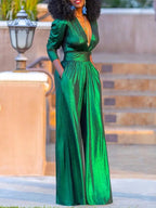 Women's Shimmer Wide Leg Jumpsuit – V-Neck Three-Quarter Sleeve Jumpsuit