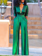 Women's Shimmer Wide Leg Jumpsuit – V-Neck Three-Quarter Sleeve Jumpsuit