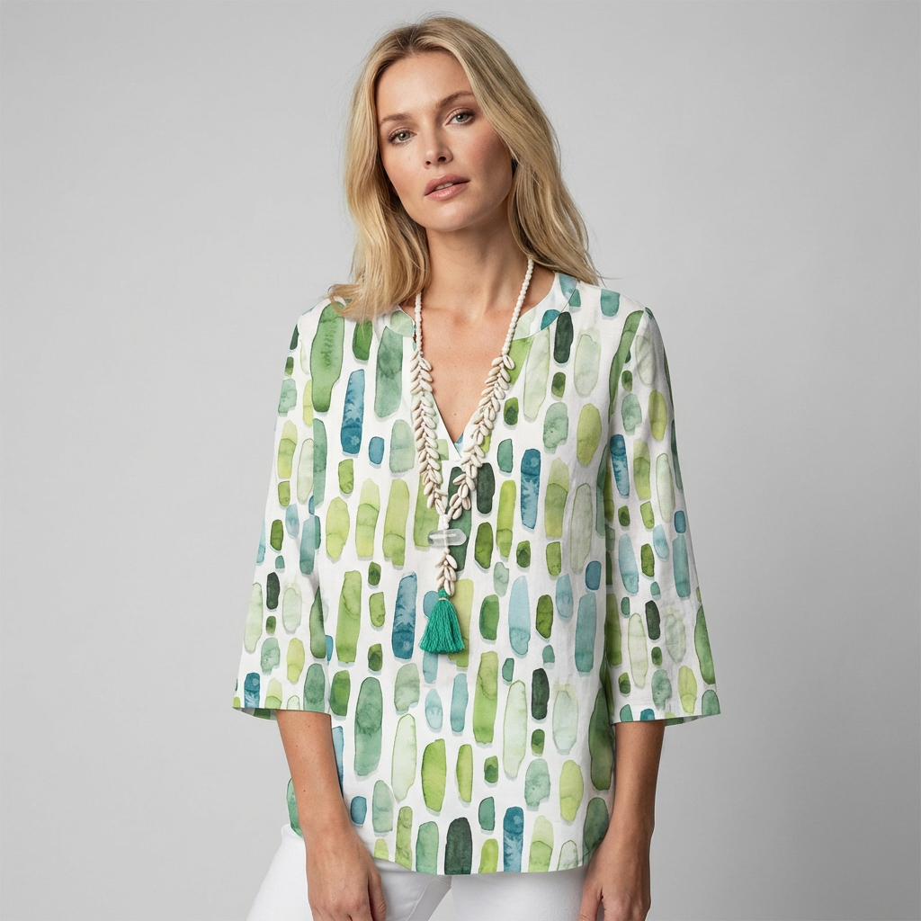 Women's Geometric V-Neck Blouse – Three-Quarter Sleeve Pattern Blouse