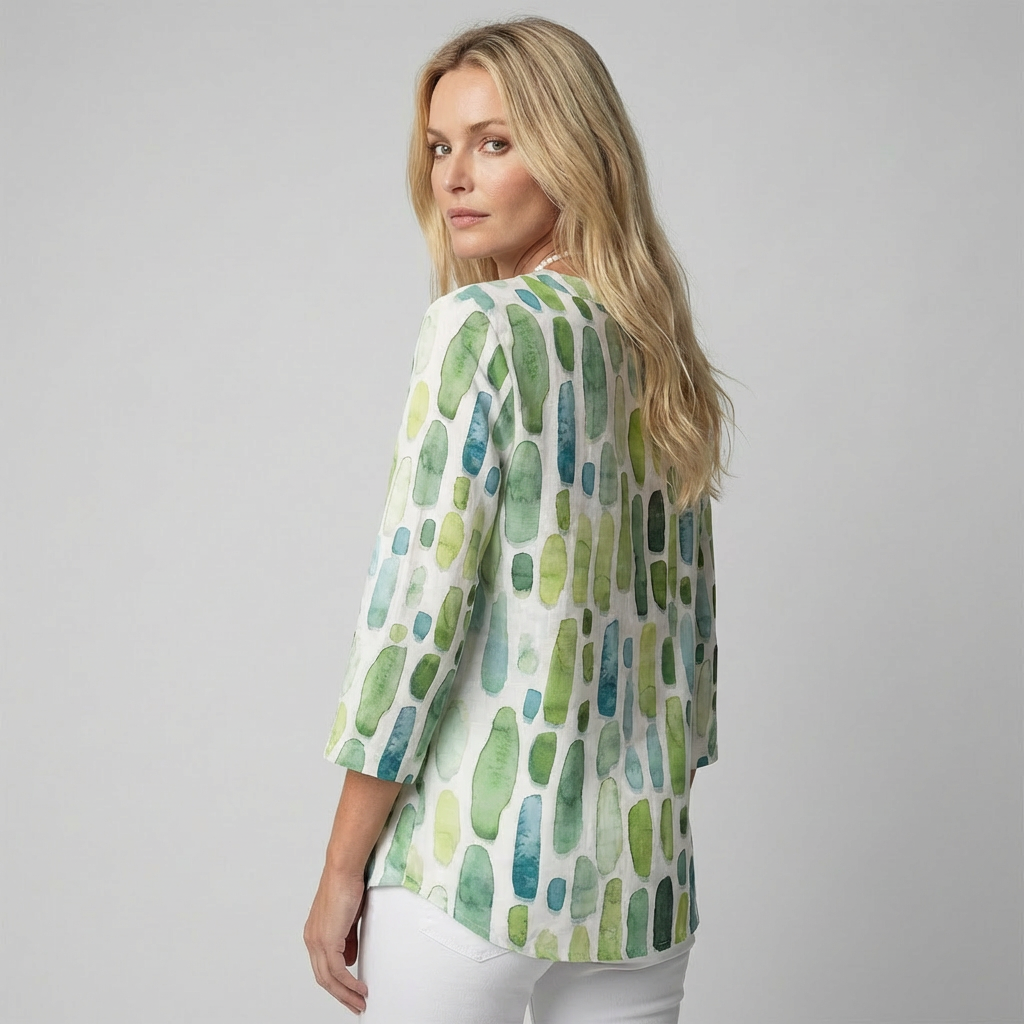 Women's Geometric V-Neck Blouse – Three-Quarter Sleeve Pattern Blouse