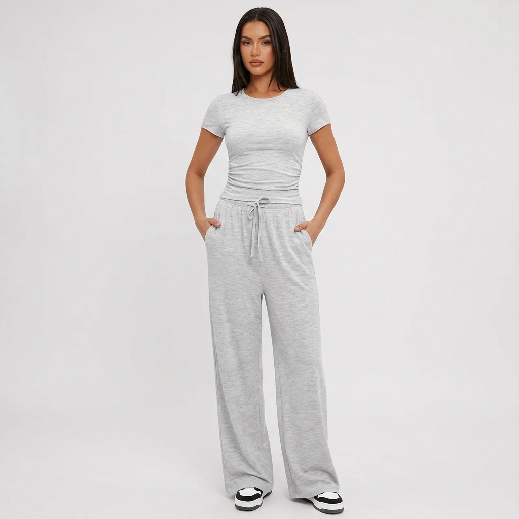 Women's Ruffle Crop Top Set – Wide Leg Lounge Pants Set