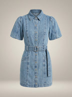 Women's Tailored Button Mini Dress – Short Sleeve Belted Day Dress