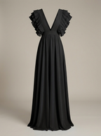 Women's Ruffle V-Neck Maxi Dress – Flowy Wedding Guest Occasion Dress