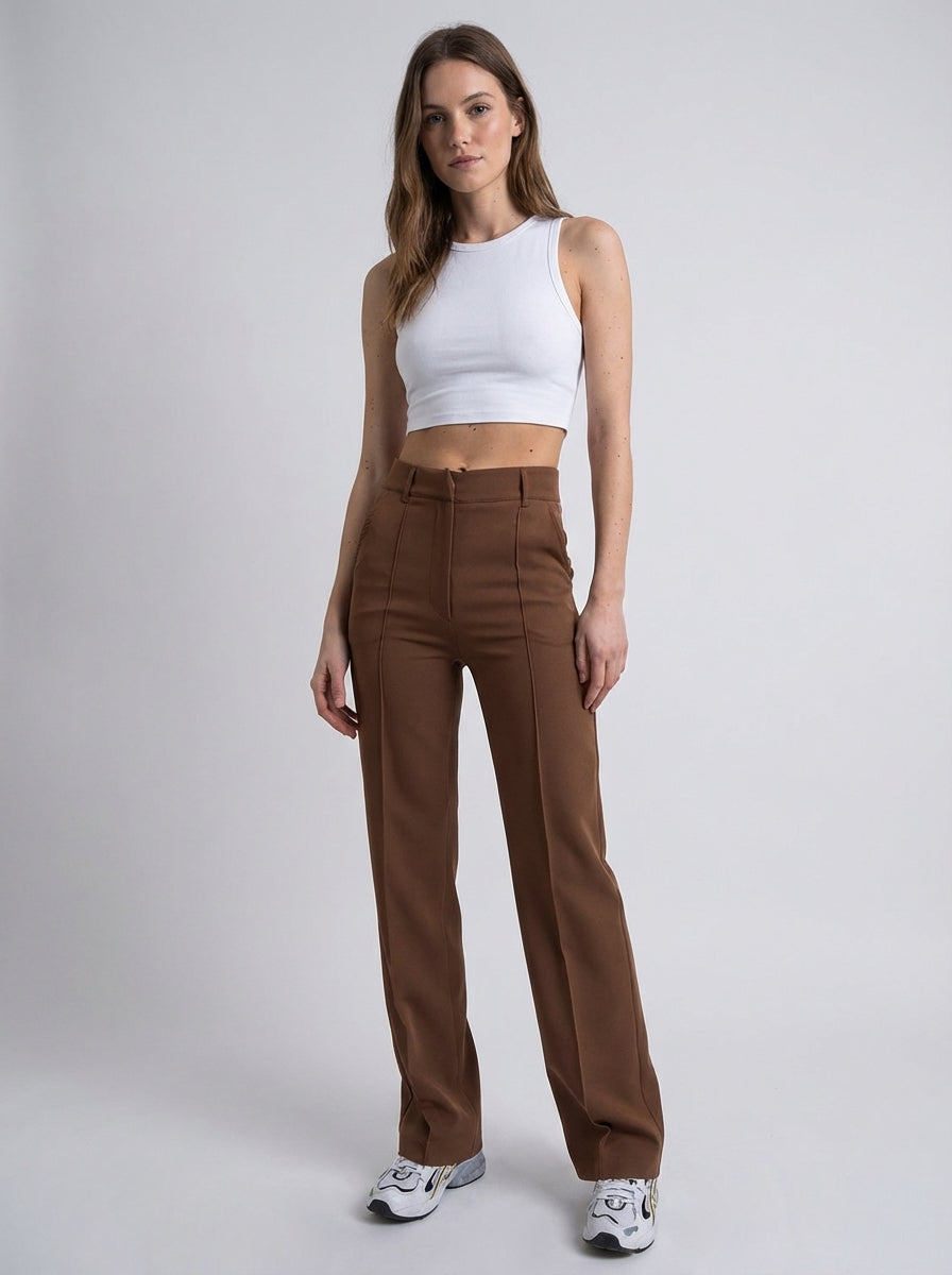 Women's High Waist Dress Trousers – Tailored Wide Leg Fitted Waist Pants