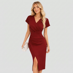 Women's Wrap Neck Wedding Guest Midi Dress – Fitted Side Slit Formal Dress