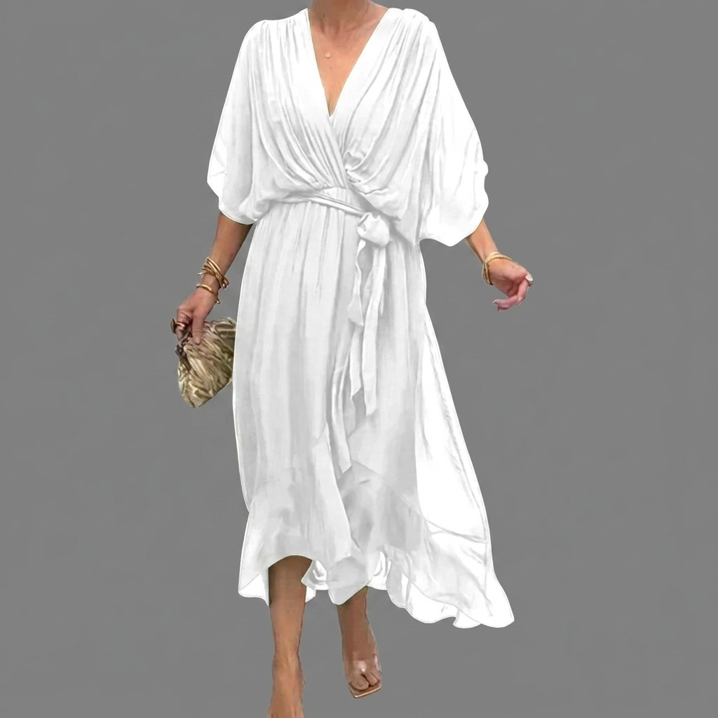 Women's Batwing Sleeve Wedding Guest Dress – Asymmetrical Flowy Formal Dress