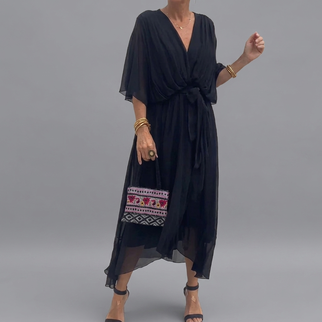 Women's Batwing Sleeve Wedding Guest Dress – Asymmetrical Flowy Formal Dress