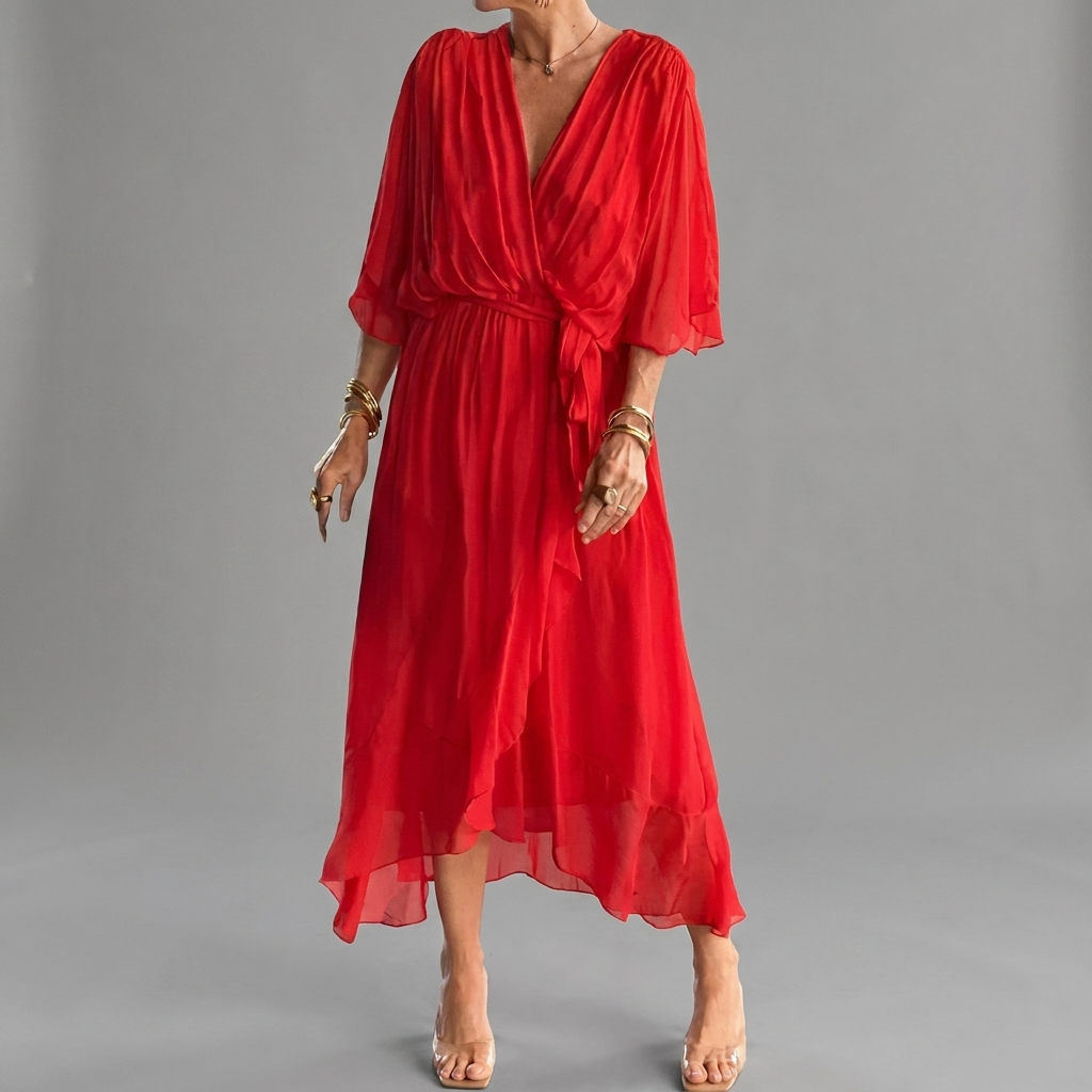 Women's Batwing Sleeve Wedding Guest Dress – Asymmetrical Flowy Formal Dress