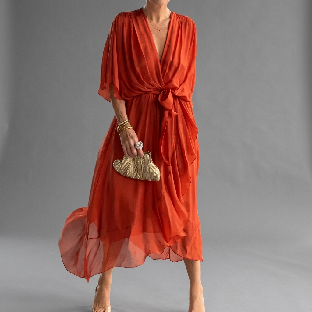 Women's Batwing Sleeve Wedding Guest Dress – Asymmetrical Flowy Formal Dress