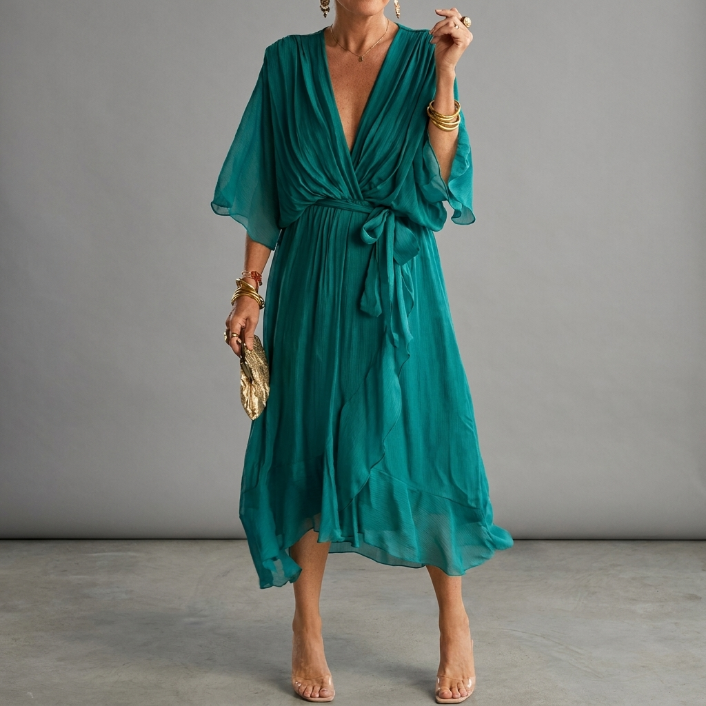 Women's Batwing Sleeve Wedding Guest Dress – Asymmetrical Flowy Formal Dress