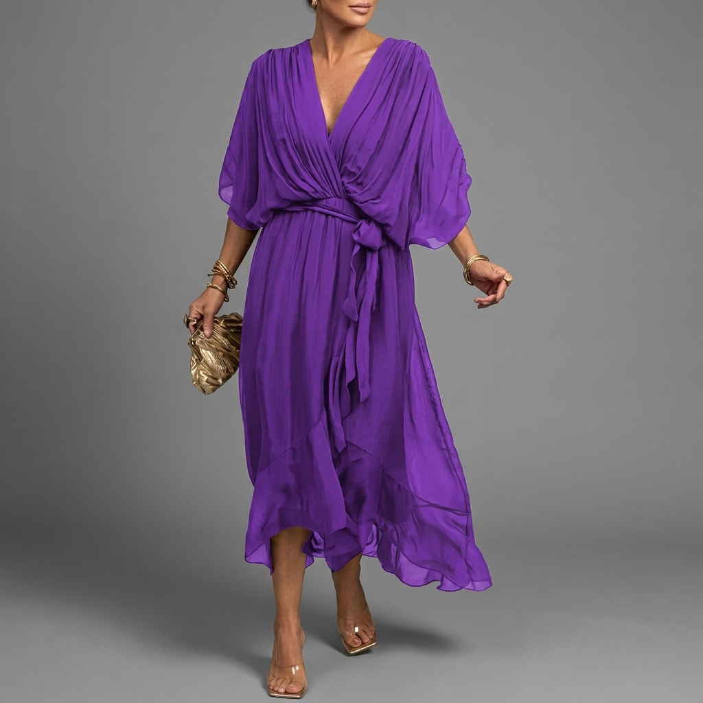 Women's Batwing Sleeve Wedding Guest Dress – Asymmetrical Flowy Formal Dress