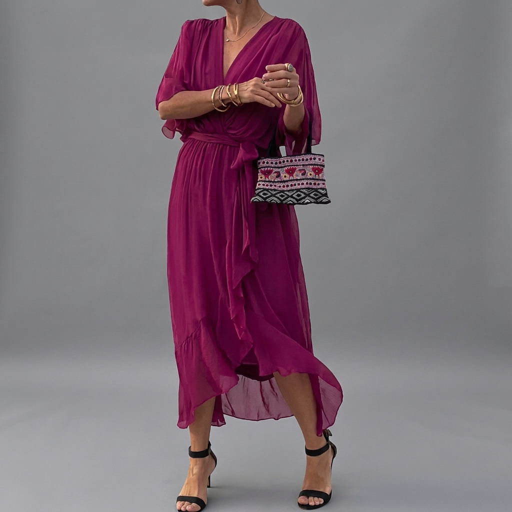 Women's Batwing Sleeve Wedding Guest Dress – Asymmetrical Flowy Formal Dress