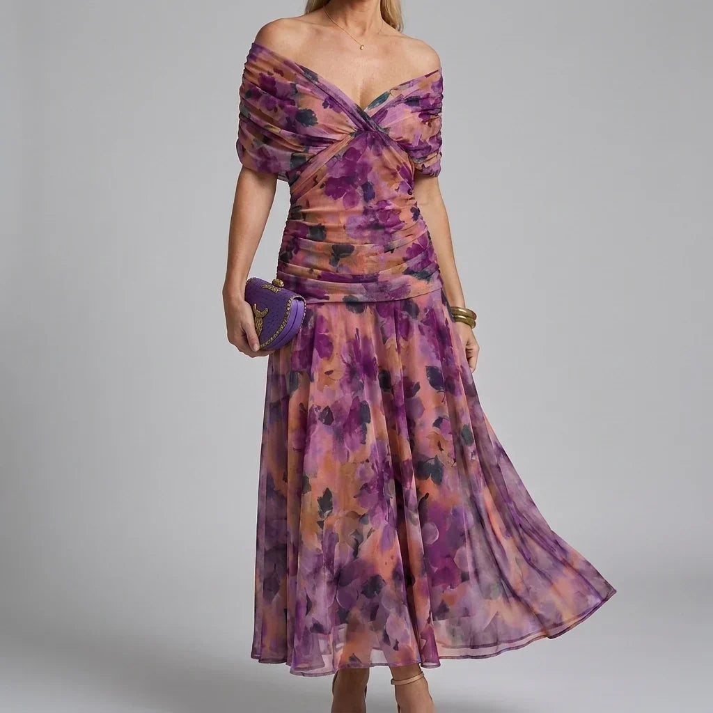Women's V-Neck Printed Wedding Guest Maxi Dress – Flowy A-Line Formal Dress