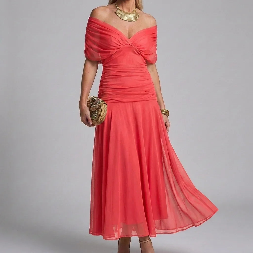 Women's V-Neck Printed Wedding Guest Maxi Dress – Flowy A-Line Formal Dress