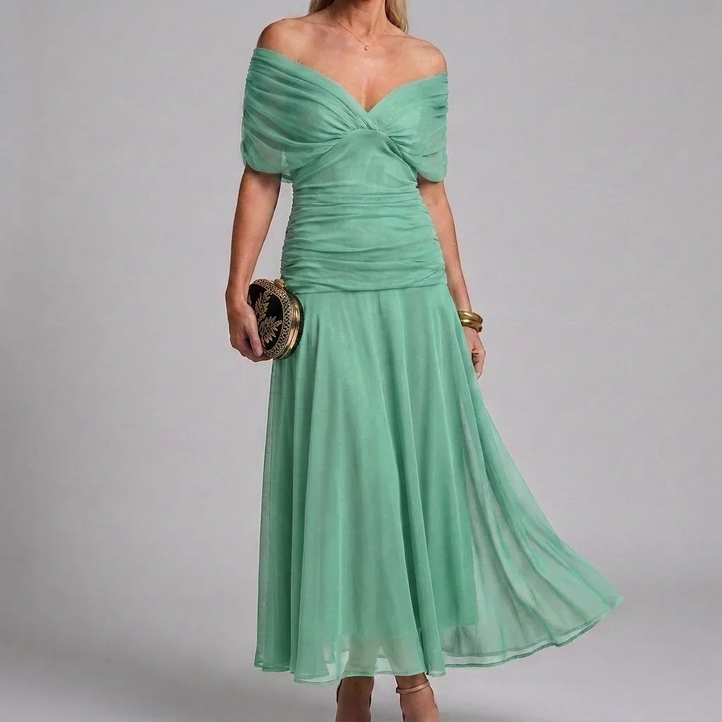 Women's V-Neck Printed Wedding Guest Maxi Dress – Flowy A-Line Formal Dress