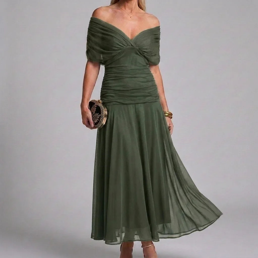 Women's V-Neck Printed Wedding Guest Maxi Dress – Flowy A-Line Formal Dress
