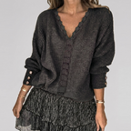 Women's Openwork Detail Blouse – V-Neck Long Sleeve Textured Blouse