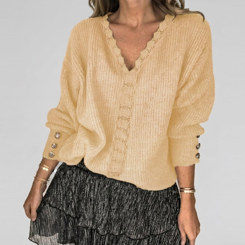 Women's Openwork Detail Blouse – V-Neck Long Sleeve Textured Blouse