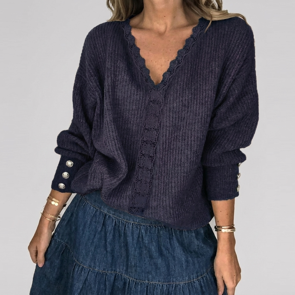 Women's Openwork Detail Blouse – V-Neck Long Sleeve Textured Blouse