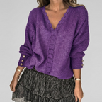 Women's Openwork Detail Blouse – V-Neck Long Sleeve Textured Blouse