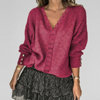 Women's Openwork Detail Blouse – V-Neck Long Sleeve Textured Blouse