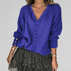 Women's Openwork Detail Blouse – V-Neck Long Sleeve Textured Blouse