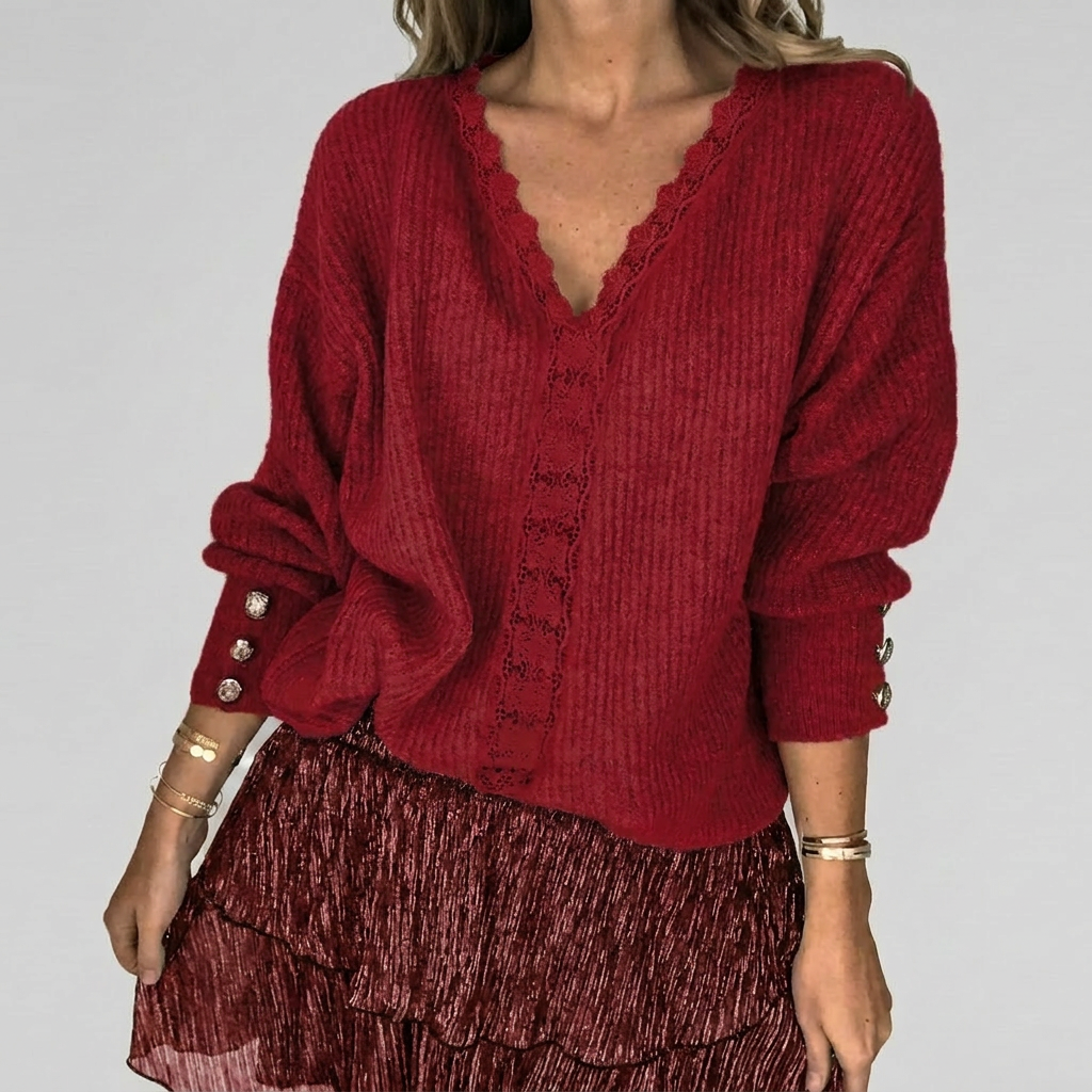 Women's Openwork Detail Blouse – V-Neck Long Sleeve Textured Blouse
