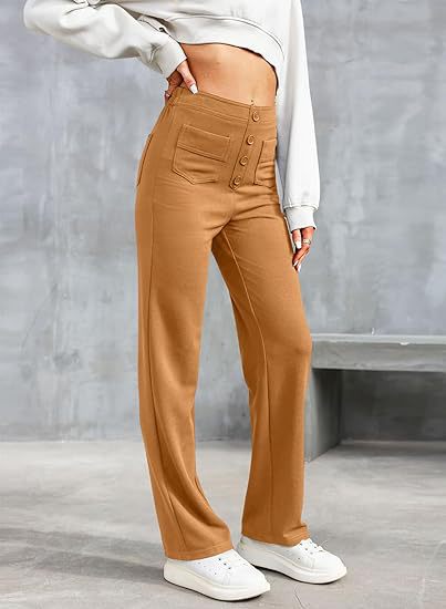Women's Pull-On High Waist Pants – Stretch Elastic Waist Casual Trousers