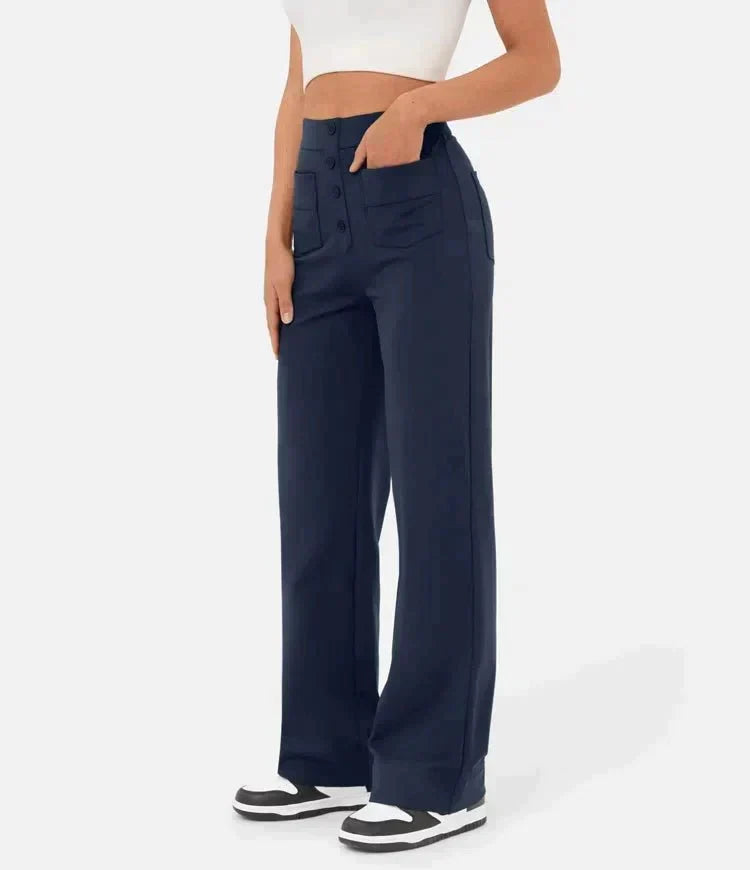 Women's High Waist Stretch Pants – Elastic Waist Button Detail Trousers