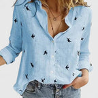 Women's Button Blouse with V Neckline and Roll-Up Sleeves