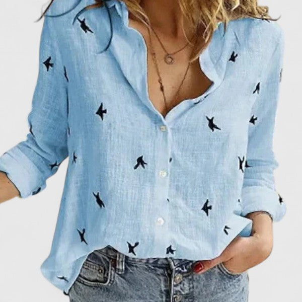 Women's Button Blouse with V Neckline and Roll-Up Sleeves